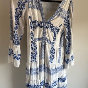 Hale Bob White Dress with Blue Floral Embroidery